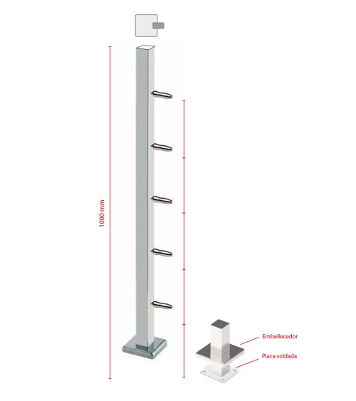 Poste Cuadrado 43 mm de Acero Inoxidable 316 Brillo y Satinado con Tensores Laterales