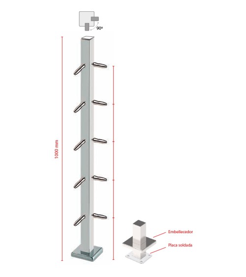 Poste Cuadrado 43 mm de Acero Inoxidable 316 Brillo y Satinado con Tensores a 90º