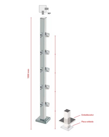 Poste Cuadrado 40 mm de Acero Inoxidable 316 Brillo y Satinado con Conectores Cuadrados a 90º