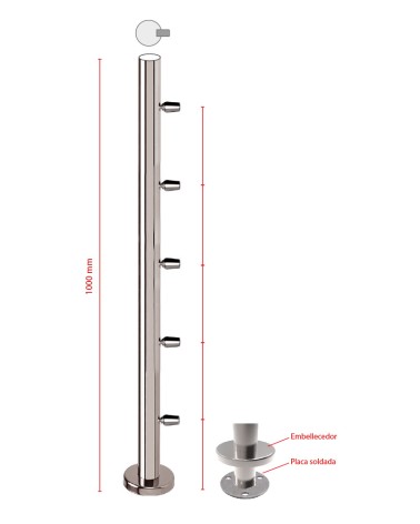 Poste Redondo 43 mm de Acero Inoxidable 316 Brillo y Satinado con Conectores Redondos Laterales