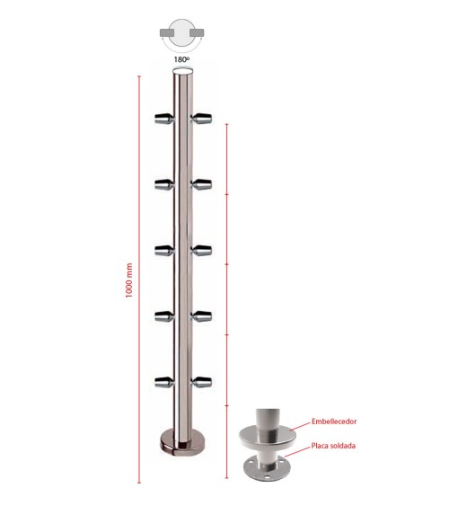 Poste Redondo 43 mm de Acero Inoxidable 316 Brillo y Satinado con Conectores Redondos a 180º