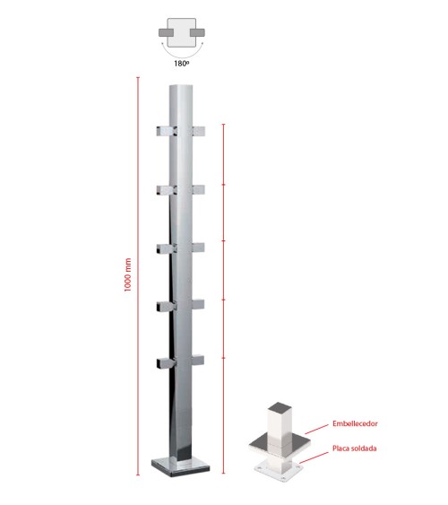 Poste Cuadrado 40 mm de Acero Inoxidable 316 Brillo y Satinado con Conector para Cuadrado a 180º
