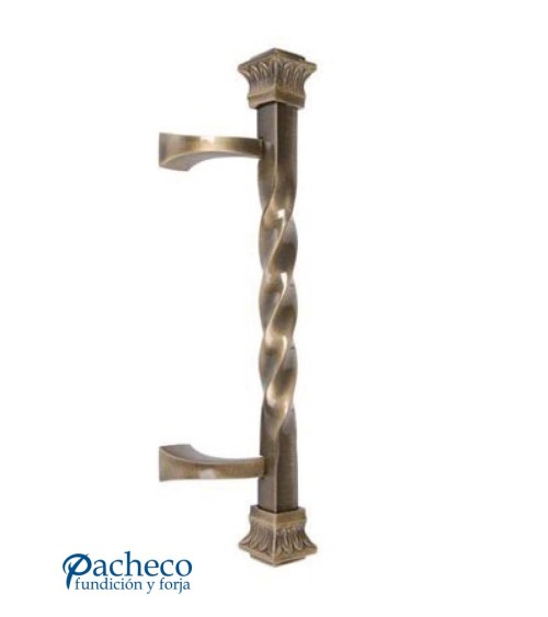 Tirador de latón patinado entorchado desplazado con base decorada para puerta de portal