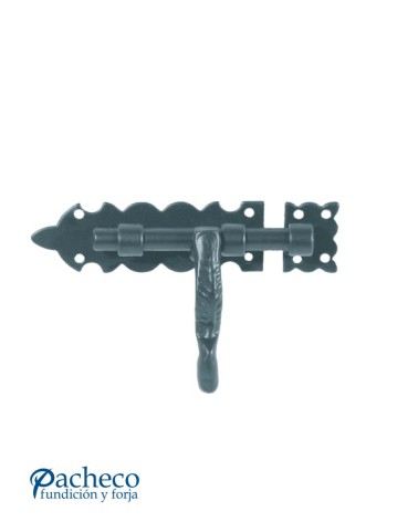 Cerrojo artesanal de hierro forjado negro con placa ornamental para puertas metálicas