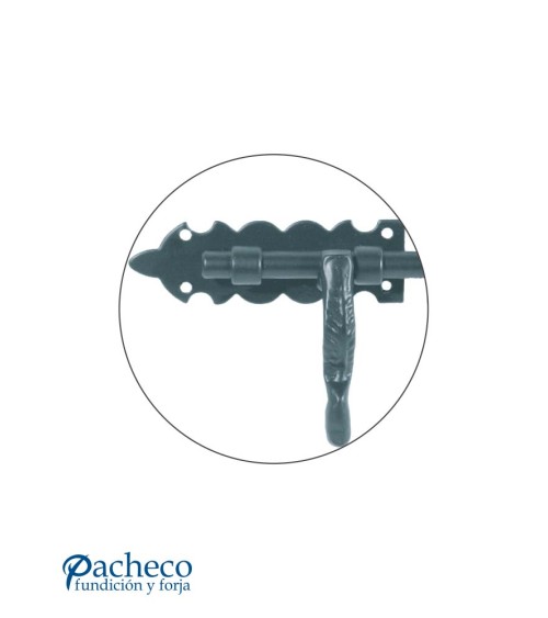 Cerrojo artesanal de hierro forjado negro con placa ornamental para puertas metálicas