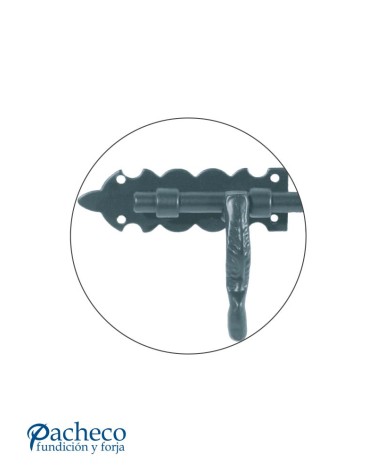 Cerrojo artesanal de hierro forjado negro con placa ornamental para puertas metálicas