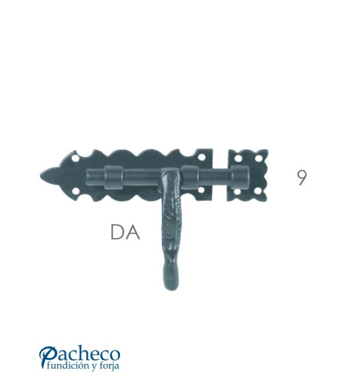 Cerrojo artesanal de hierro forjado negro con placa ornamental para puertas metálicas