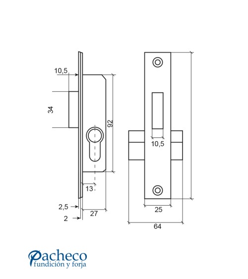Cerradura metálica embutida con pestillo para puertas correderas