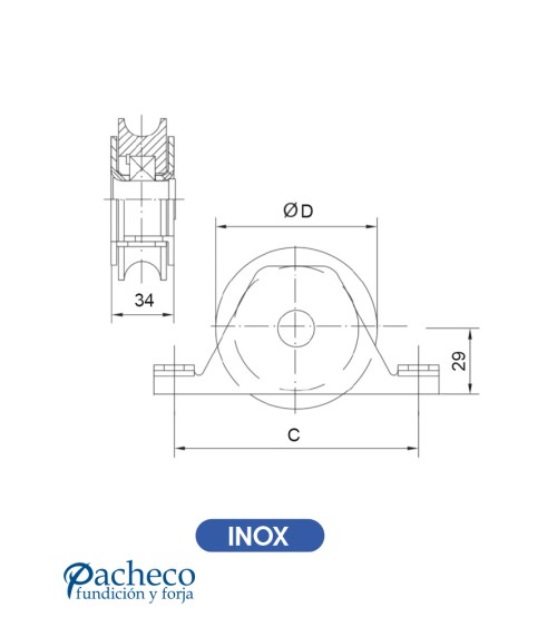 Polea canal "U" 20mm para encastrar para puerta corredera