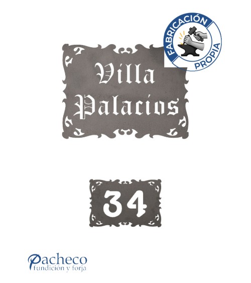 Placa de hierro contorno ornamental calada para señalética personalizada