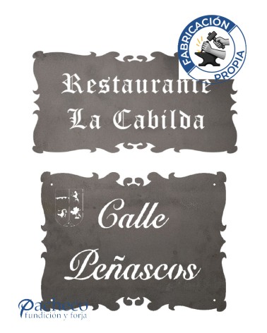 Placa de hierro contorno elegante con volutas para señalética personalizada de negocios y portales