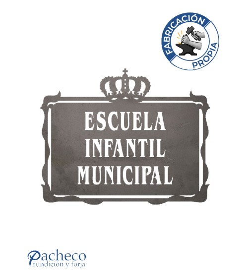 Placa de hierro contorno coronado con calado para señalética exclusiva y decoración de fachadas