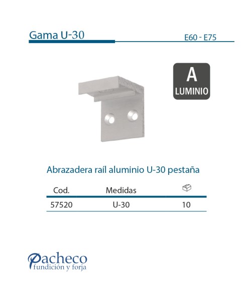 Abrazadera raíl aluminio U-30 pestaña para puerta corredera colgada