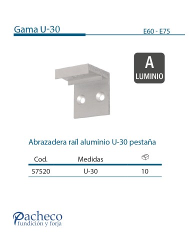Abrazadera raíl aluminio U-30 pestaña para puerta corredera colgada