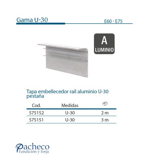 Tapa embellecedor ráil de aluminio U-30 pestaña para puerta corredera colgada