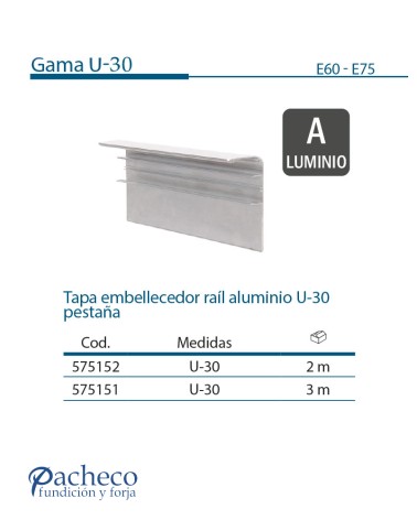 Tapa embellecedor ráil de aluminio U-30 pestaña para puerta corredera colgada
