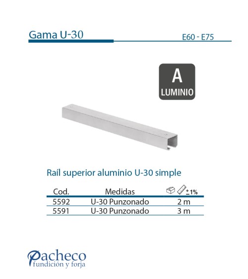 Raíl superior de aluminio U-30 simple para puerta corredera colgada