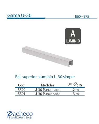 Raíl superior de aluminio U-30 simple para puerta corredera colgada