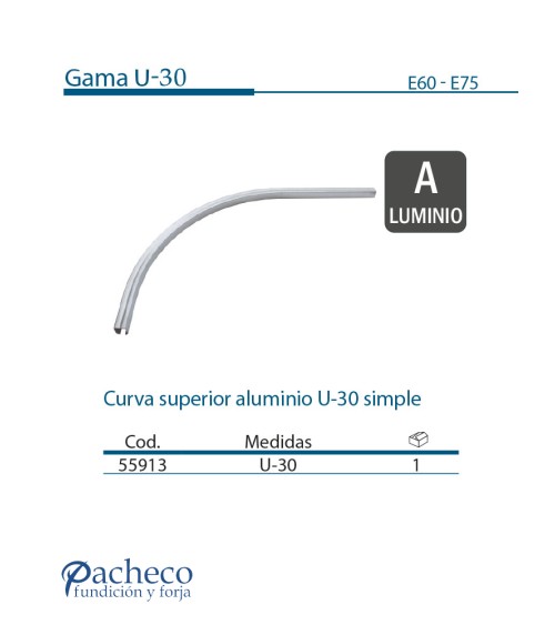 Curva superior de aluminio U-30 simple para puerta corredera colgada