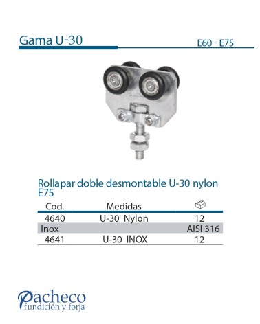 Rollapar doble desmontable U-30 de nylon E75 para puerta corredera colgada