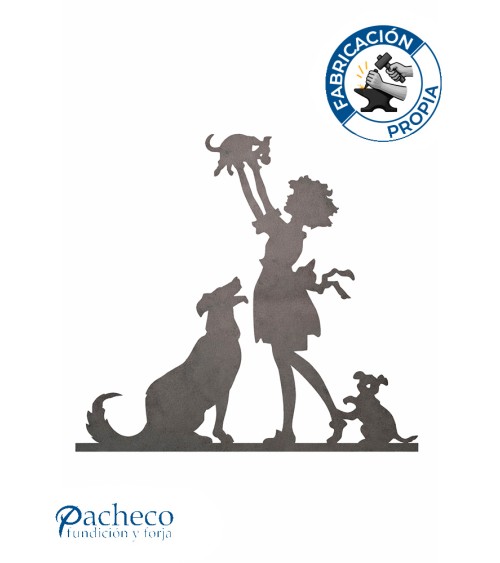 Silueta Niña con Perros en Chapa de Hierro para Decoración
