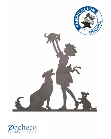 Silueta Niña con Perros en Chapa de Hierro para Decoración