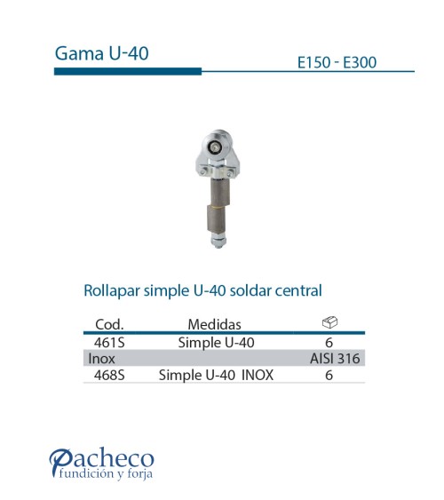 Rollapar simple U-40 soldar central para puerta corredera colgada