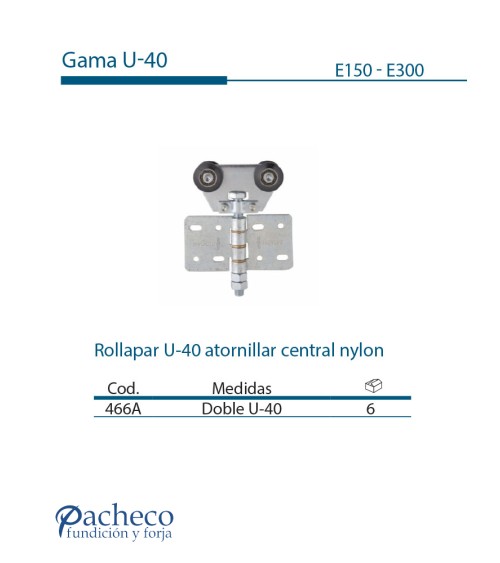 Rollapar U-40 atornillar central de nylon para puerta corredera colgada