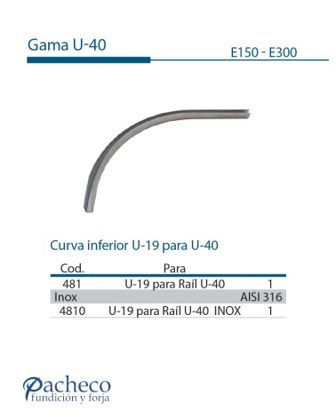 Curva inferior U-19 para U-40 para puerta corredera colgada