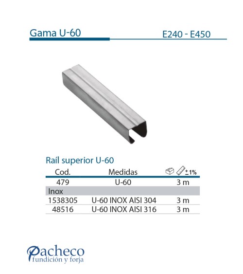 Raíl superior U-60 para puerta corredera colgada
