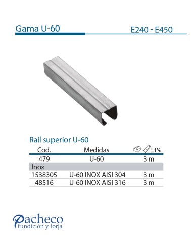 Raíl superior U-60 para puerta corredera colgada