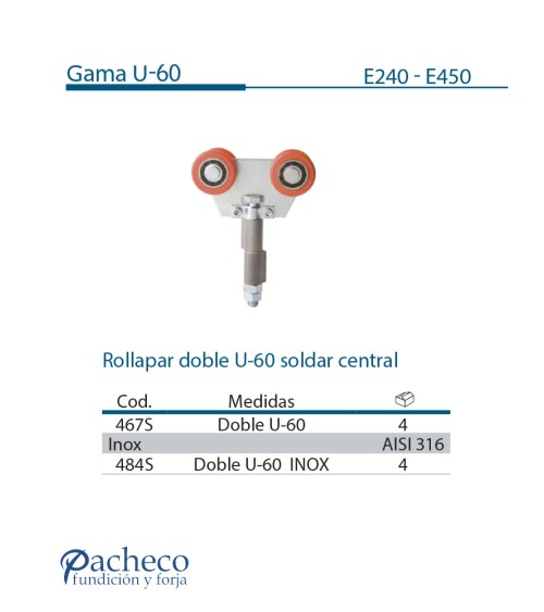 Rollapar doble U-60 soldar central para puerta corredera colgada