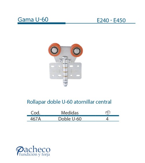 Rollapar doble U-60 atornillar central para puerta corredera colgada