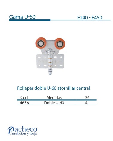Rollapar doble U-60 atornillar central para puerta corredera colgada