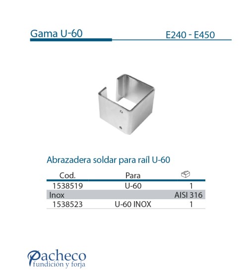 Abrazadera soldar para raíl U-60 para puerta corredera colgada