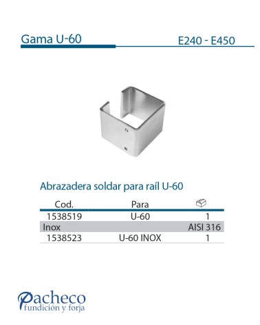 Abrazadera soldar para raíl U-60 para puerta corredera colgada