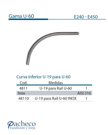 Curva inferior U-19 para U-60 para puerta corredera colgada