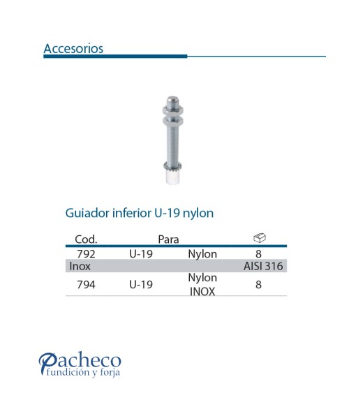 Guiador inferior U-19 nylon para puerta corredera colgada