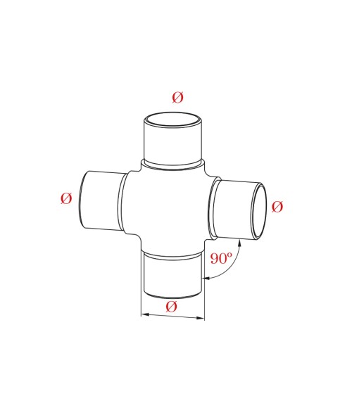 Conector de Acero Inoxidable 316 para Unión de Cuatro Tubo en Cruz Brillo y Satinado Redondo 43 mm - 50,8 mm
