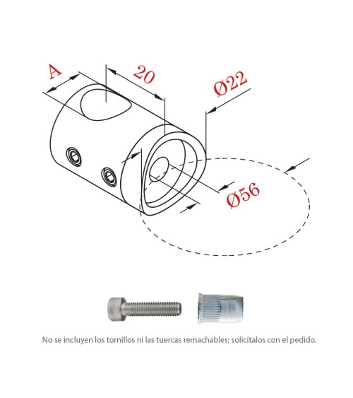 Conector de Acero Inoxidable 316 Dcha para Tubo y Varilla Redondo  12 mm Brillo y Satinado