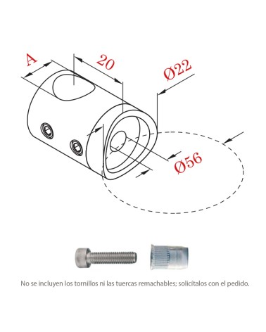 Conector de Acero Inoxidable 316 Dcha para Tubo y Varilla Redondo  12 mm Brillo y Satinado