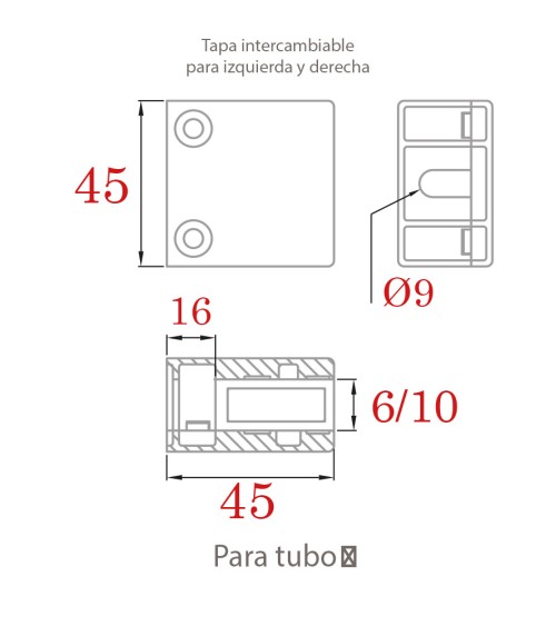Pinza con Tope Intercambiable IZQ y DCHA en Acero Inoxidable 316 Brillo y Satinado para Cuadrado