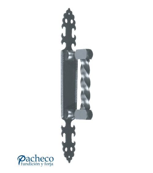 Tirador de forja entorchado con placa decorada para puerta de hierro