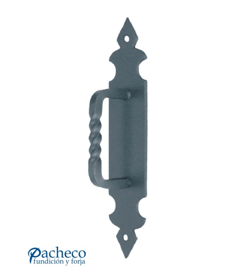 Tirador de hierro forjado entorchado con placa decorada para puerta rústica