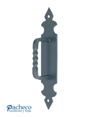 Tirador de hierro forjado entorchado con placa decorada para puerta rústica