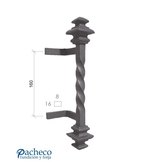 Tirador de hierro forjado entorchado con remates decorativos para puerta de portal