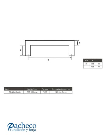 Tirador de Acero Inoxidable AISI304 Satinado Doble Cuadrado de 25 mm
