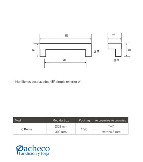 Tirador de Acero Inoxidable AISI304 Satinado Cuadrado Desplazado Doble de Cuadrado de 25 mm